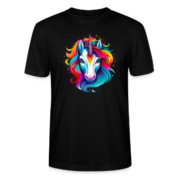 Rainbow unicorn with colorful mane - Stanley/Stella CRAFTER Unisex Organic T-Shirt - black - Front - Alina (178cm) & Michal (187cm)