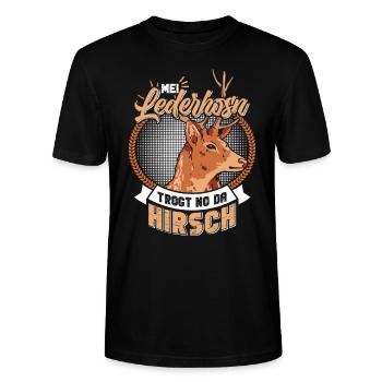 Mei Lederhosn Tragt no da Hirsch Trachten Shirt - Stanley/Stella Unisex Bio-T-Shirt CRAFTER - Schwarz - Vorne - Alina (178cm) & Michal (187cm)