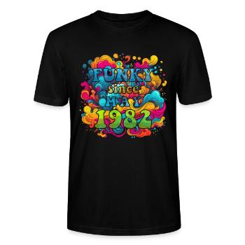 Funky Birthday: May 1982 - Psychadelic - Stanley/Stella CRAFTER Unisex Organic T-Shirt - black - Front - Alina (178cm) & Michal (187cm)