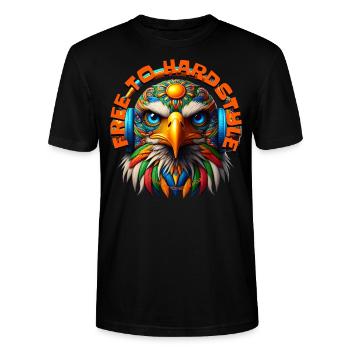 FREE TO HARDSTYLE – Cool Eagle with Headphones! - Stanley/Stella CRAFTER Unisex Organic T-Shirt - black - Front - Alina (178cm) & Michal (187cm)