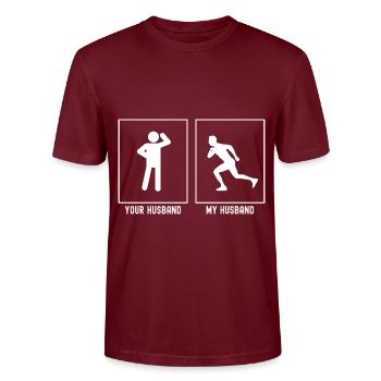 Your Husband - My Husband - Running Man - Stanley/Stella CRAFTER Unisex Organic T-Shirt - burgundy - Front - Alina (178cm) & Michal (187cm)