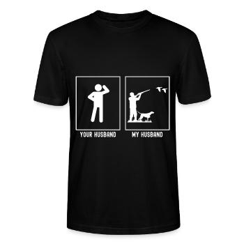 Hennes man - Min man - ankjakt - Ekologisk T-shirt CRAFTER unisex från Stanley/Stella - svart - Fram - Alina (178cm) & Michal (187cm)