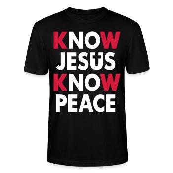 Know Jesus - Know Peace - Stanley/Stella Unisex Bio-T-Shirt CRAFTER - Schwarz - Vorne - Alina (178cm) & Michal (187cm)