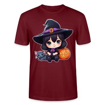 Niedliche Hexe mit schwarzer Katze und Kürbis - Stanley/Stella Unisex Bio-T-Shirt CRAFTER - Burgunderrot - Vorne - Alina (178cm) & Michal (187cm)