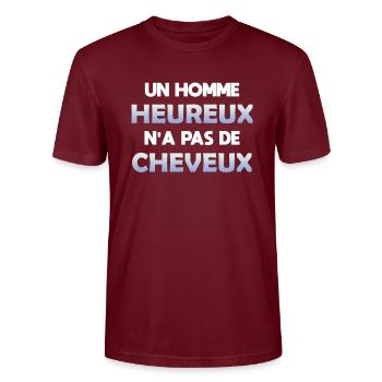 Un homme heureux n'a pas de cheveux. Humour chauve - T-shirt bio CRAFTER Stanley Stella Unisexe - bordeaux - Devant - Alina (178cm) & Michal (187cm)