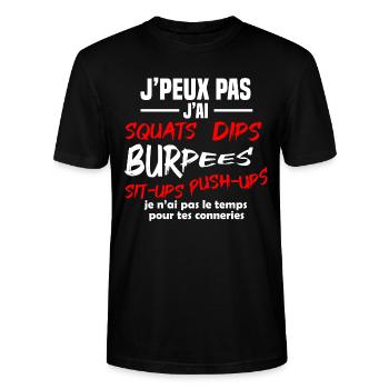 J'peux pas j'ai Squats, dips, burpees, Musculation - T-shirt bio CRAFTER Stanley Stella Unisexe - noir - Devant - Alina (178cm) & Michal (187cm)