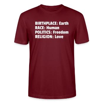 Lieu de naissance Earth Race Human Politics Gratuit - T-shirt bio CRAFTER Stanley Stella Unisexe - bordeaux - Devant - Alina (178cm) & Michal (187cm)