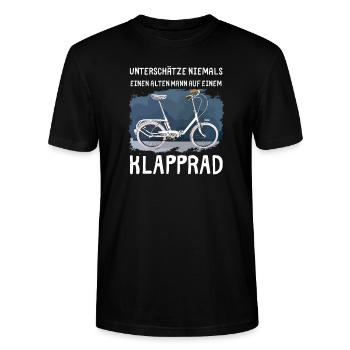 Klapprad - Unterschätze niemals einen alten Mann - Stanley/Stella Unisex Bio-T-Shirt CRAFTER - Schwarz - Vorne - Alina (178cm) & Michal (187cm)
