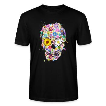 Totenkopf Skull Schädel Blumen Bunt - Stanley/Stella Unisex Bio-T-Shirt CRAFTER - Schwarz - Vorne - Alina (178cm) & Michal (187cm)
