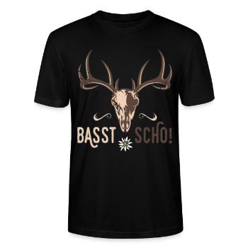 Basst Scho Hirsch Geweih Bayern Bayrischer Dialekt - Stanley/Stella Unisex Bio-T-Shirt CRAFTER - Schwarz - Vorne - Alina (178cm) & Michal (187cm)