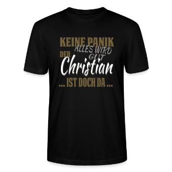 Christian - Pas de panique - drôle de cadeau - T-shirt bio CRAFTER Stanley Stella Unisexe - noir - Devant - Alina (178cm) & Michal (187cm)
