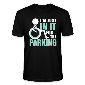 Rollstuhl Rollstuhl Ich bin nur drin für den Parkplatz - Stanley/Stella Unisex Bio-T-Shirt CRAFTER - Schwarz - Vorne - Alina (178cm) & Michal (187cm)