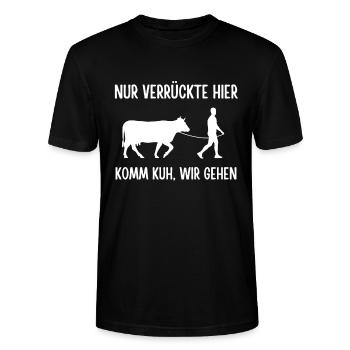 Nur Verrückte Hier komm Kuh wir gehen Kühe Rinder - Stanley/Stella Unisex Bio-T-Shirt CRAFTER - Schwarz - Vorne - Alina (178cm) & Michal (187cm)