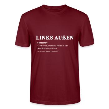 Lustige Handball Sprüche links Außen - Stanley/Stella Unisex Bio-T-Shirt CRAFTER - Burgunderrot - Vorne - Alina (178cm) & Michal (187cm)