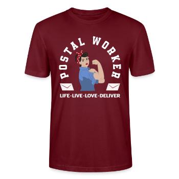 Funny Letter Deliverer Post Post Gifts - Stanley/Stella CRAFTER Unisex Organic T-Shirt - burgundy - Front - Alina (178cm) & Michal (187cm)