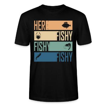 Here Fish Fishy Hunting Cool Fisherman Retro - Stanley/Stella CRAFTER Unisex Organic T-Shirt - black - Front - Alina (178cm) & Michal (187cm)