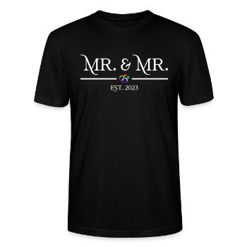 Mr. & Mr. Est. 2023 - Homosexuell Schwule Hochzeit - Stanley/Stella Unisex Bio-T-Shirt CRAFTER - Schwarz - Vorne - Alina (178cm) & Michal (187cm)