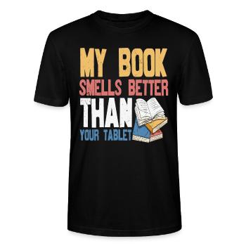 Mon livre sent mieux que votre tablette Citations de livre - T-shirt bio CRAFTER Stanley Stella Unisexe - noir - Devant - Alina (178cm) & Michal (187cm)