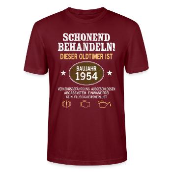 Schonend Behandeln Oldtimer Baujahr 1954 Geboren - Stanley/Stella Unisex Bio-T-Shirt CRAFTER - Burgunderrot - Vorne - Alina (178cm) & Michal (187cm)