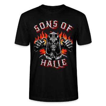 Halle Biker Geschenk sons of Halle - Stanley/Stella CRAFTER Unisex Organic T-Shirt - black - Front - Alina (178cm) & Michal (187cm)