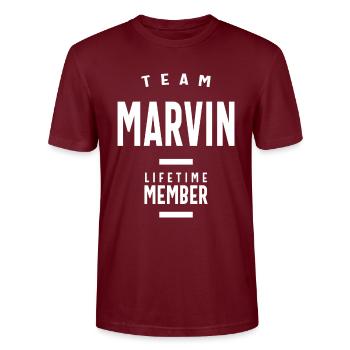 Team Marvin Lifetime Member Personalized Name - Stanley/Stella CRAFTER Unisex Organic T-Shirt - burgundy - Front - Alina (178cm) & Michal (187cm)
