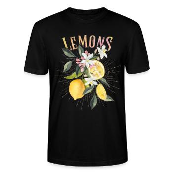 Zitrone, botanische Illustration, Zitronenblüten - Stanley/Stella Unisex Bio-T-Shirt CRAFTER - Schwarz - Vorne - Alina (178cm) & Michal (187cm)