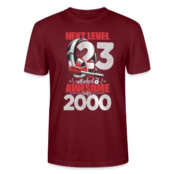 Niveau débloqué 23 ans 2000 Casque de jeu - T-shirt bio CRAFTER Stanley Stella Unisexe - bordeaux - Devant - Alina (178cm) & Michal (187cm)