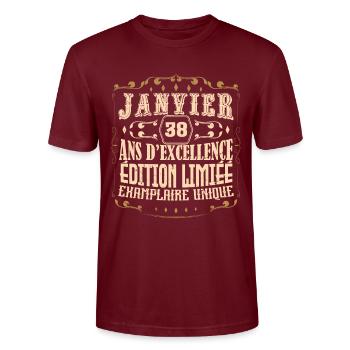 Vintage Janvier 38 ans. anniversaire janvier. - T-shirt bio CRAFTER Stanley Stella Unisexe - bordeaux - Devant - Alina (178cm) & Michal (187cm)