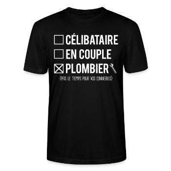 Célibataire En Couple Blague Plombier Humour - T-shirt bio CRAFTER Stanley Stella Unisexe - noir - Devant - Alina (178cm) & Michal (187cm)