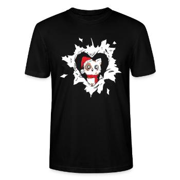 Katze mit Weihnachtsmütze schaut aus zerrissenem - Stanley/Stella Unisex Bio-T-Shirt CRAFTER - Schwarz - Vorne - Alina (178cm) & Michal (187cm)