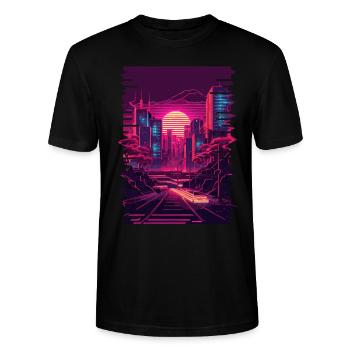 Vaporwave City Retrowave Glitch Art Urban Aestheti - Stanley/Stella CRAFTER Unisex Organic T-Shirt - black - Front - Alina (178cm) & Michal (187cm)