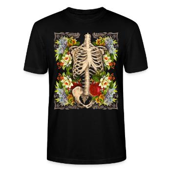 Skelett mit vintage-Rosen, Biker-Design - Stanley/Stella Unisex Bio-T-Shirt CRAFTER - Schwarz - Vorne - Alina (178cm) & Michal (187cm)