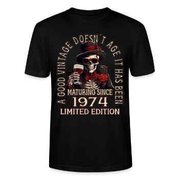 49e anniversaire 1974 49er Bon millésime - T-shirt bio CRAFTER Stanley Stella Unisexe - noir - Devant - Alina (178cm) & Michal (187cm)