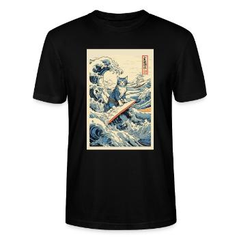 Cat Surfer Hokusai Japanische Kunst Humor Kanagawa - Stanley/Stella Unisex Bio-T-Shirt CRAFTER - Schwarz - Vorne - Alina (178cm) & Michal (187cm)