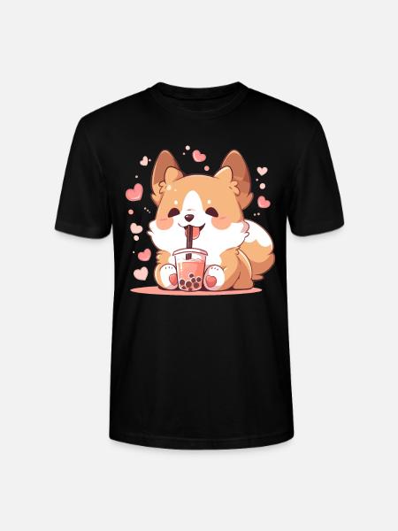 Kawaii Corgi Dog Drinks Boba Bubble Tea Chibi - Stanley/Stella CRAFTER Unisex Organic T-Shirt - black