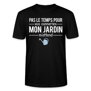 Pas le temps mon jardin m'attend jardinier humour - T-shirt bio CRAFTER Stanley Stella Unisexe - noir - Devant - Alina (178cm) & Michal (187cm)