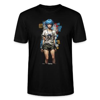 Design de style de rue anime avec des cheveux bleus - T-shirt bio CRAFTER Stanley Stella Unisexe - noir - Devant - Alina (178cm) & Michal (187cm)