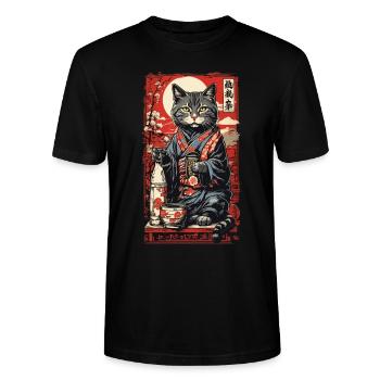 Katze Japanischer Sake Vintage Kunst - Stanley/Stella Unisex Bio-T-Shirt CRAFTER - Schwarz - Vorne - Alina (178cm) & Michal (187cm)