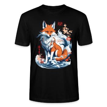 Ukiyo-E Kunst Stil Japanische Kitsune Fuchs - Stanley/Stella Unisex Bio-T-Shirt CRAFTER - Schwarz - Vorne - Alina (178cm) & Michal (187cm)