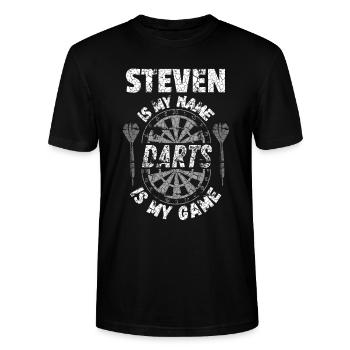 Personalised Darts T-Shirt for Steven - Stanley/Stella CRAFTER Unisex Organic T-Shirt - black - Front - Alina (178cm) & Michal (187cm)
