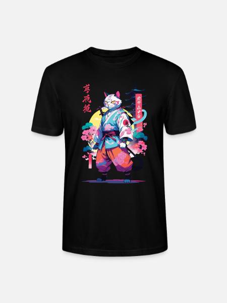 Samurai Cat Vaporwave Aesthetic - Stanley/Stella CRAFTER Unisex Organic T-Shirt - black
