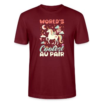 Au Pair World'S Coolest Au Pair - Stanley/Stella CRAFTER Unisex Organic T-Shirt - burgundy - Front - Alina (178cm) & Michal (187cm)