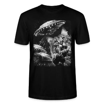 Maine Coon Katze UFO Alien Außerirdischer Selfie - Stanley/Stella Unisex Bio-T-Shirt CRAFTER - Schwarz - Vorne - Alina (178cm) & Michal (187cm)