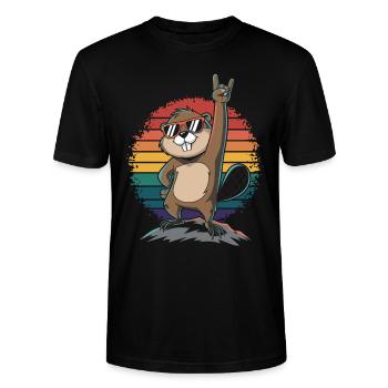 Cooler Biber Mit Sonnenbrille Auf Regenbogen - Stanley/Stella Unisex Bio-T-Shirt CRAFTER - Schwarz - Vorne - Alina (178cm) & Michal (187cm)