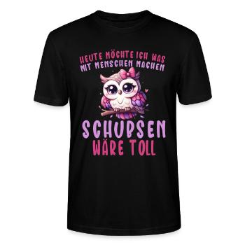 Heute Möchte Ich Menschen Schubsen Eule - Stanley/Stella Unisex Bio-T-Shirt CRAFTER - Schwarz - Vorne - Alina (178cm) & Michal (187cm)