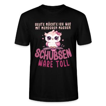Heute Möchte Ich Menschen Schubsen Eule - Stanley/Stella Unisex Bio-T-Shirt CRAFTER - Schwarz - Vorne - Alina (178cm) & Michal (187cm)
