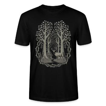 Dark Cottagecore Forest Scene with Deer - Stanley/Stella CRAFTER Unisex Organic T-Shirt - black - Front - Alina (178cm) & Michal (187cm)