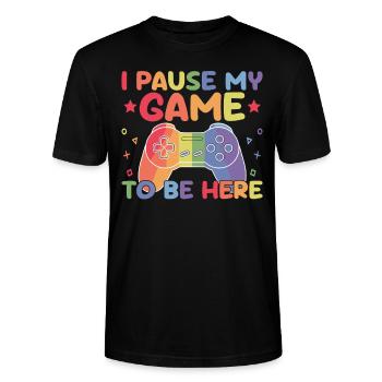 Gamer Gaming Zocker J’ai mis mon jeu en pause pour être ici - T-shirt bio CRAFTER Stanley Stella Unisexe - noir - Devant - Alina (178cm) & Michal (187cm)