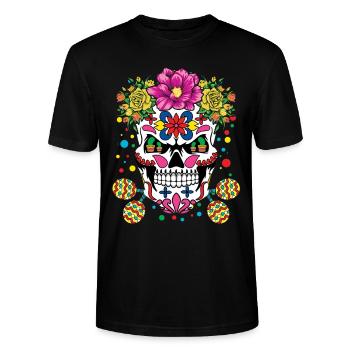 Bunter Totenkopf Mit Blumen Und Maracas - Stanley/Stella Unisex Bio-T-Shirt CRAFTER - Schwarz - Vorne - Alina (178cm) & Michal (187cm)