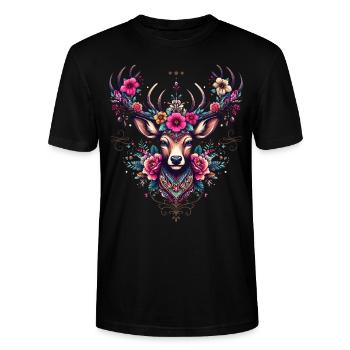 Hirsch T-Shirt Tracht Damen Trachtenshirt Dirndl - Stanley/Stella Unisex Bio-T-Shirt CRAFTER - Schwarz - Vorne - Alina (178cm) & Michal (187cm)